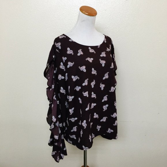 1.State Women's Paisley Petals Ruffle Slit Sleeve Top Crepe Blouse XXL Bateau - Picture 4 of 8